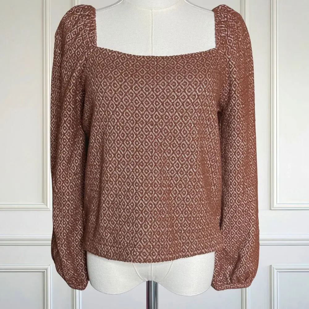 Madewell Jacquard Puff Sleeve Square Neck Long Balloon Sleeve Top Brown Small